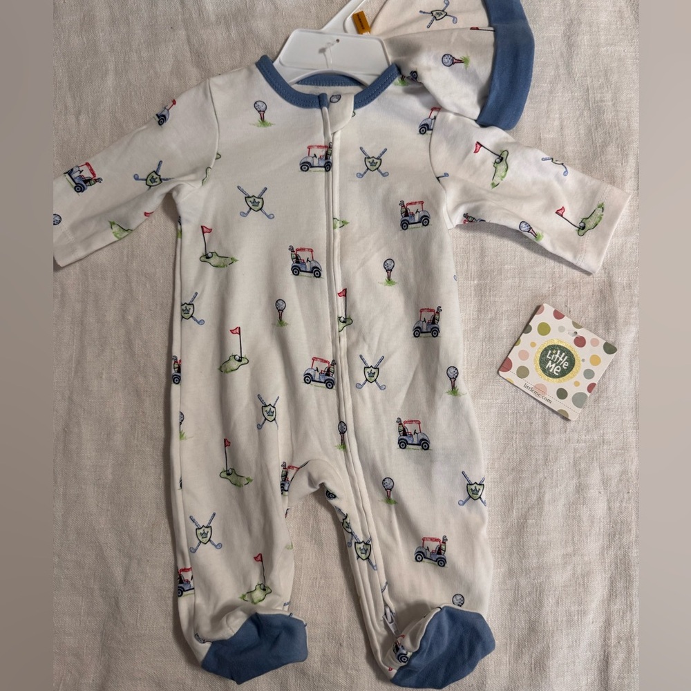 Little Me White and Blue Golf Print Footie and Hat - Newborn